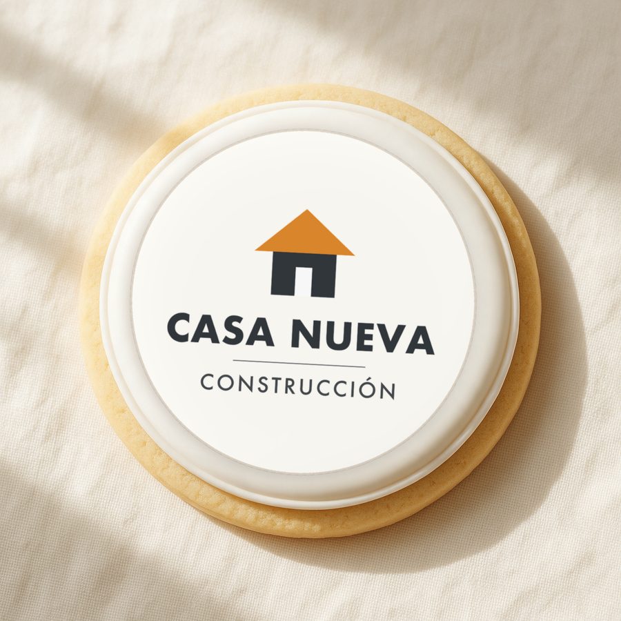 Galleta blanca con el logo de una constructora de muestra