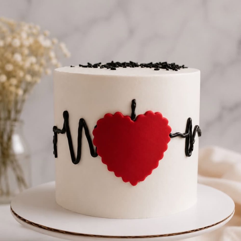 Torta blanca con electrocardiograma y corazón rojo