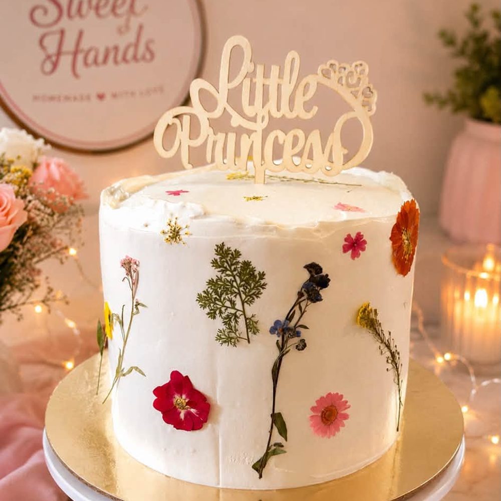Torta blanca decorada con flores naturales prensadas