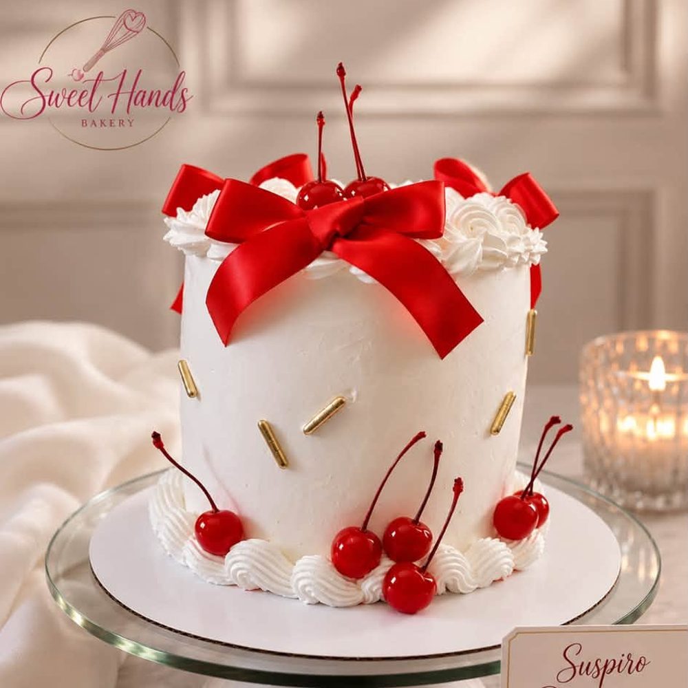 Torta blanca con lazo rojo y cerezas, con la tarjeta de Suspiro Dominicano